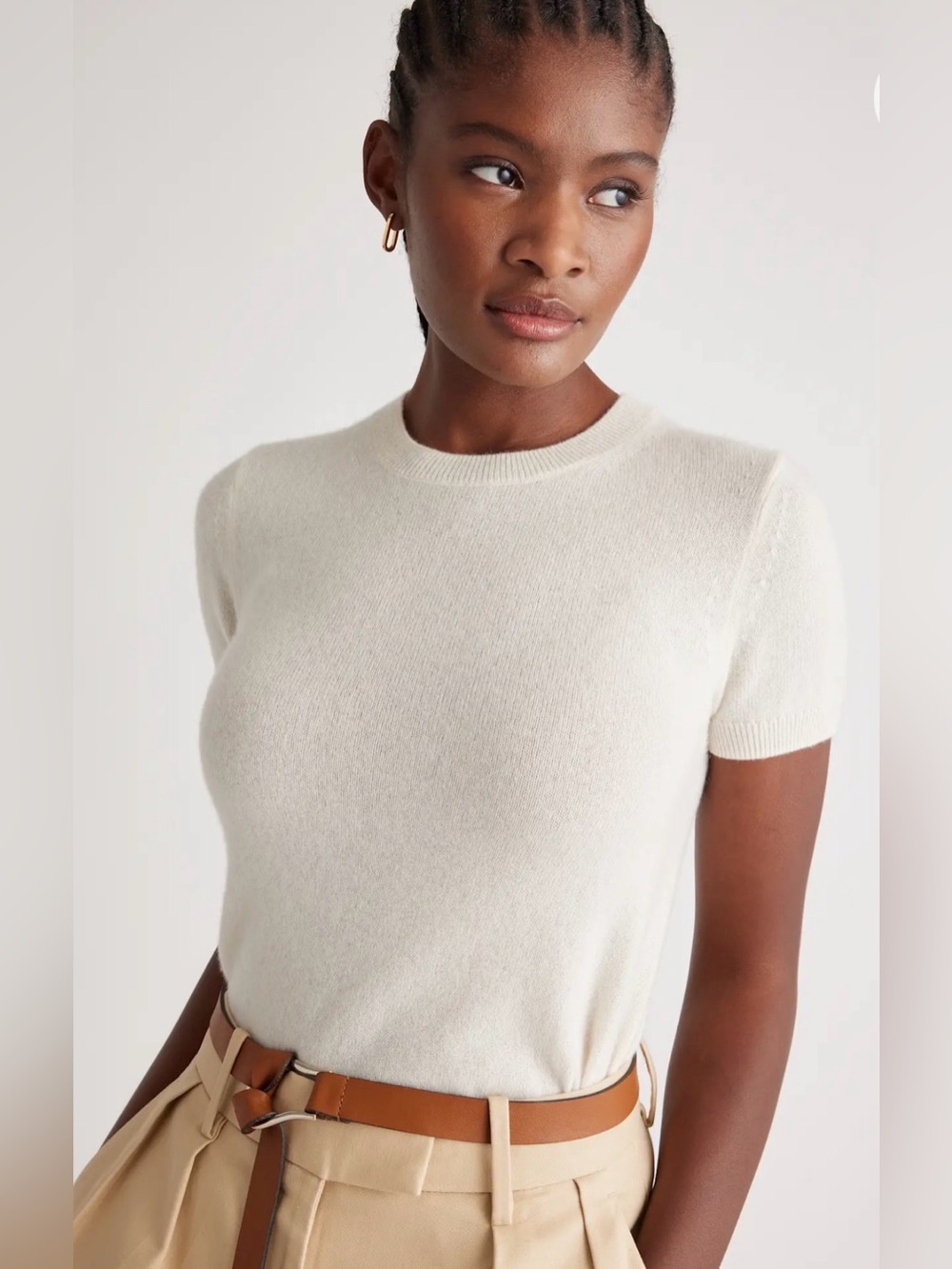 Quince Mongolian Cashmere Short Sleeve Crew Neck Sweater Tee Cream L
